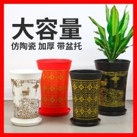 深筒塑料花盆廠(chǎng)家批發(fā) 仿瓷加厚高筒大號(hào)花盆 象牙白福字落地花盆